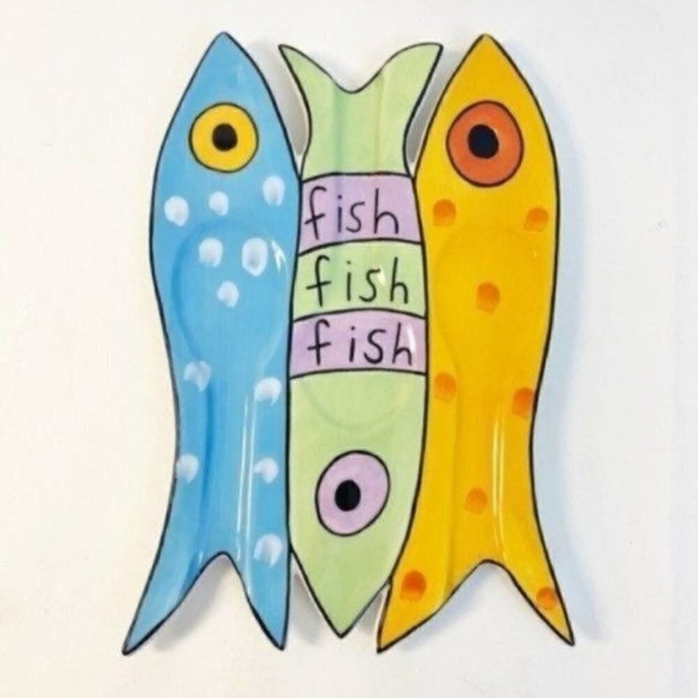 Sandra Magsamen For Silvestri Fish Fish Fish Ceramic Spoon Rest 9” X 6”